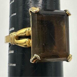 Vintage yellow gold plated large rectangular cut genuine smoky quartz ring